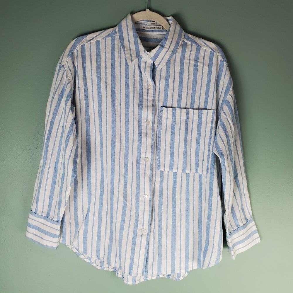 Abercrombie & Fitch Womens Blue White Striped Oversized Linen Shirt Size Small